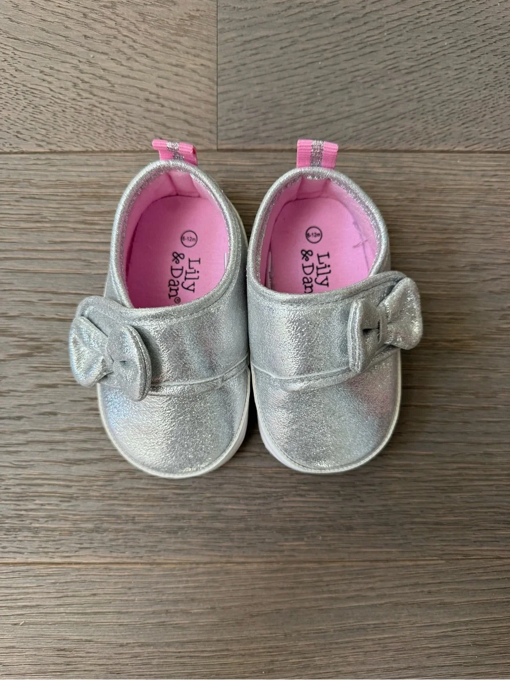 Lily & Dan Baby Silver Bow Slip-On Shoes with Pink Lining